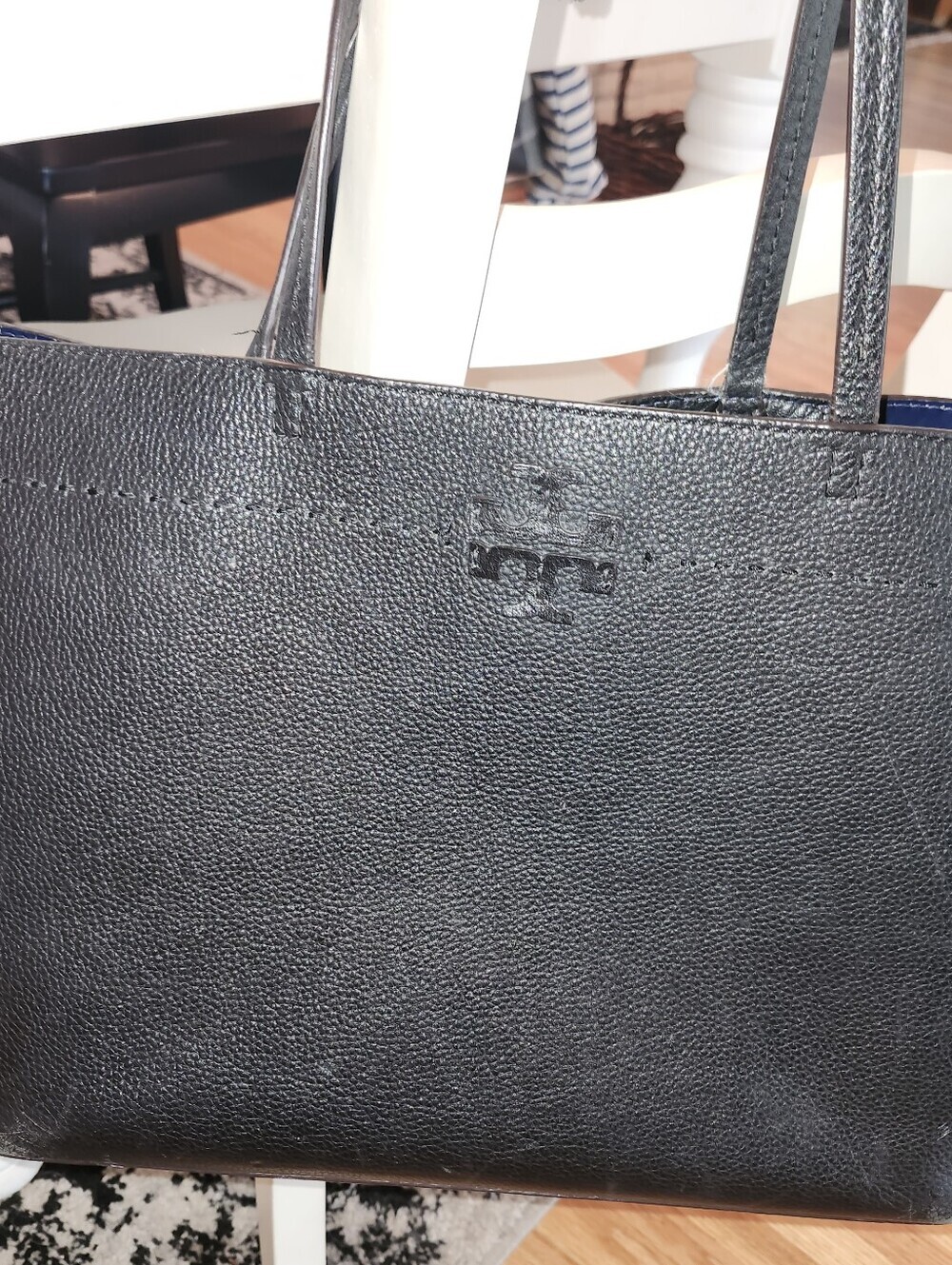 Tory Burch Black Pebbled Leather Tote with Embossed Logo
